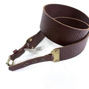 Fossil Womens Wide Brown Leather Basket Weave Embossed Waist Belt Brass Buckle